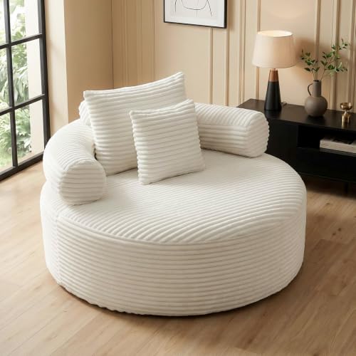 Image of Trustyue Boneless Couch,Comfy Fluffy Sofa Bed,Upholstered Sleeper Sofa with Cup Holder and Throw Pillows,Corduroy Plush Cloud Lounge Chair (White, Corduroy)