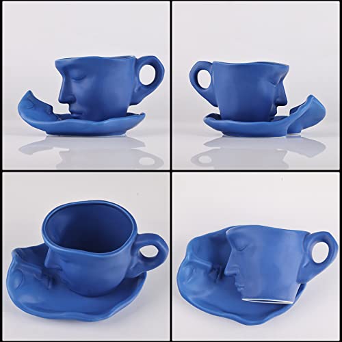 Blue Tea Cup And Saucer Set Ceramic Kissing Couple Coffee Mug Set With Spoon Face Coffee Cup Unique Teacup And Saucer Valentine's Day Christmas Creative Gift #TOP5