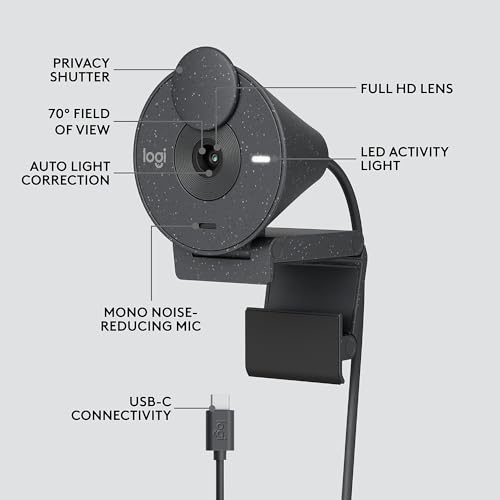 Logitech - Webcam USB-C Brio 300 1920x1080p com obturador de privacidade, correção automática de luz
