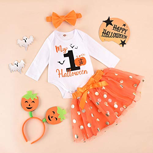 My First Halloween Baby Girl Outfit 3Pcs Pumpkin Bodysuit + Tulle Skirt + Bow Headband Clothes Set (White & Orange, 0-3 Months) #TOP1