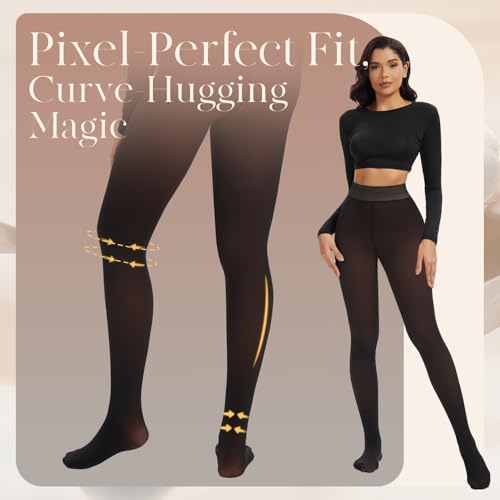Spring Water Fleece Lined Tights Leggings Women, Black Tights Thermal Warm One Lined Design Sheer Skintone for Winter