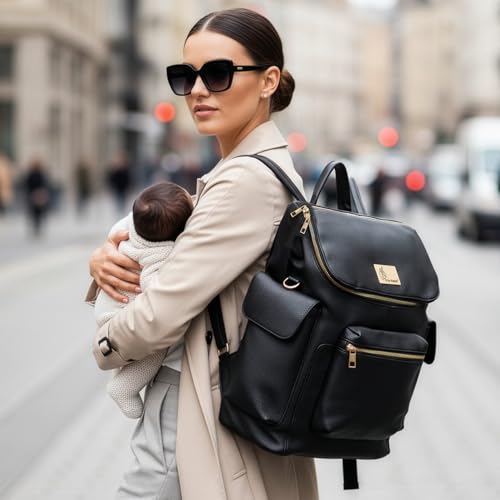 Image of R for Rabbit Caramello Bold Neo Diaper Bag for Moms, Vegan Leather Baby Bag with Insulated Bottle Pockets, Multi-Compartment Maternity Backpack, Stylish Travel Bag Upto 39 Litre Capacity (Jade Black)