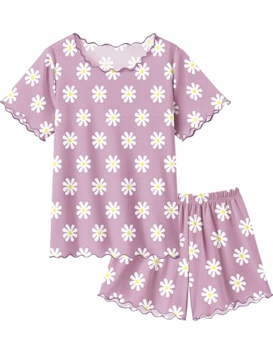 Arshiner Girls Pajama Set Short Sleeve Lounge Set Soft Shirring Summer Sleepwear Pj Sets Purple Flowers 9-10 Years