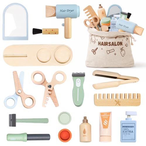 Wooden Makeup Toy Set with Storage Bag 15PCS Hair Salon Toys for Girls Wooden Hair Salon Play Set with Mirror & Hair Dryer Pretend Makeup for Toddlers 3-5 Play Hair Styling Set Birthday Gift