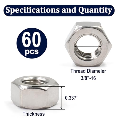 ZQZ 3/8"-16 Hex Nuts,60 Pack 304 (A2-70) Stainless Steel Hardware Nuts,Standard Inch Coarse Thread Nuts