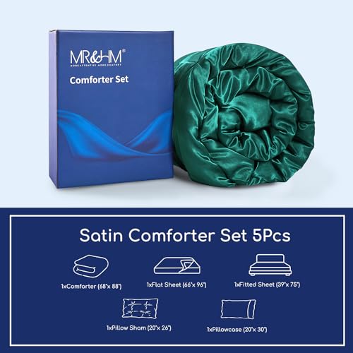 MR&HM Satin Comforter Twin 5 Pieces - Luxurious Pinch Pleat Bedding Set with Comforter, Flat Sheet, Fitted Sheet, Pillowcase & Sham, Super Silky Soft Bed Set for All Season (Twin, Peacock Green)