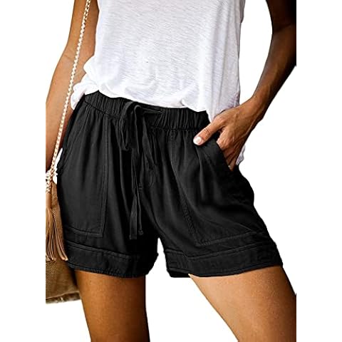 Acelitt Women Ladies Summer Casual Loose Comfy Drawstring Elastic Waist Pocketed Shorts Pants Black Large Cover