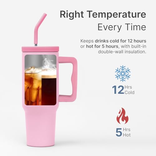 Image of CULT 1200ml Stainless Steel Insulated Tumbler with Handle, Straw & Cleaner Double Wall Vacuum Bottle for Hot & Cold Drinks Leakproof Travel Mug Reusable for Gym, Office & Travel Pink