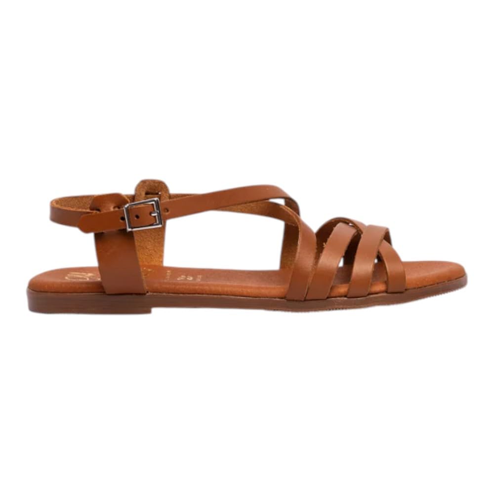 Sandalia Plana de Piel para Mujer - Modelo Brenda - Color Roble - Oh! My Sandals - Cuero