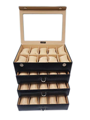 Essart Premium 40 Grid Watch Display Case/Jewellery Collection Storage Organiser with Magnetic Closure – Black