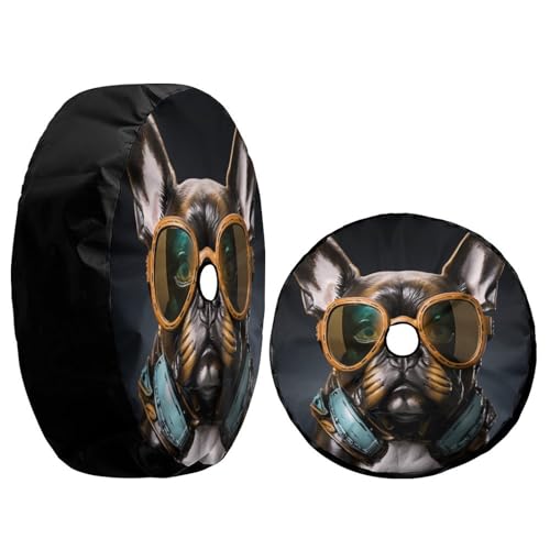 Image of Delerain Spare Tire Cover with Backup Camera Hole French Bulldog Sunglass Wheel Covers Waterproof Dust-Proof UV Sun Universal Fit for Jeep Trailer RV SUV Truck (17 Inch for Diameter 31 inch-33 inch)