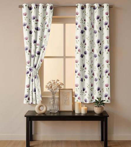 Image of Ultimate Trends Room Darkening Digital Printed Floral Geomatrical Prints Curtain 65-70% Opacity,Diamond Eyelets, Tie Back, Floral Geomatrical, 6 FEET Pack of 2,White with Purple