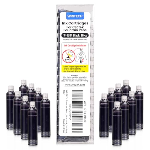 WRITECH Black Ink Cartridge Set: 16 Ink Cartridges Clictek Fountain Pens
