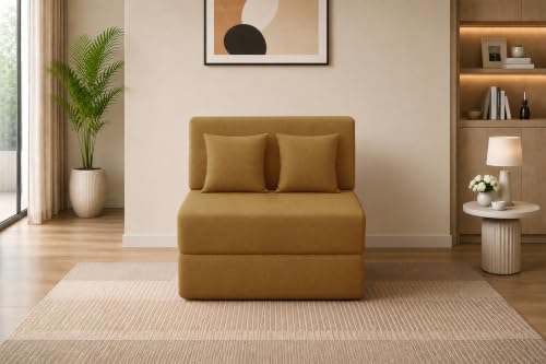 Image of Los Angeles Foldable One Seater Sofa Cum Bed, Sofa Bed 3 X 6 Feet Jute Fabric Washable Cover- Including Cushion Perfect for Living Room & Office Guest Room - Golden Color