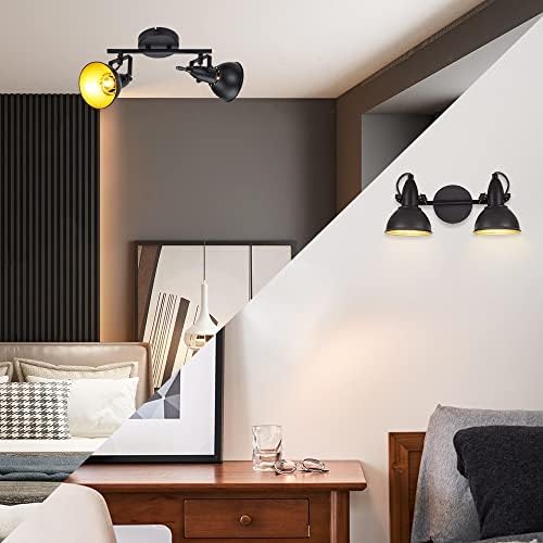 Depuley Retro 2 Way Straight Ceiling SpotlightKitchen Lights Fitting with Rotatable Trumpet-Shaped Lampshade, Black-Gold Metal Iron Cover, Track Lighting for Livingroom Kitchen Bedroom (No Bulbs)
