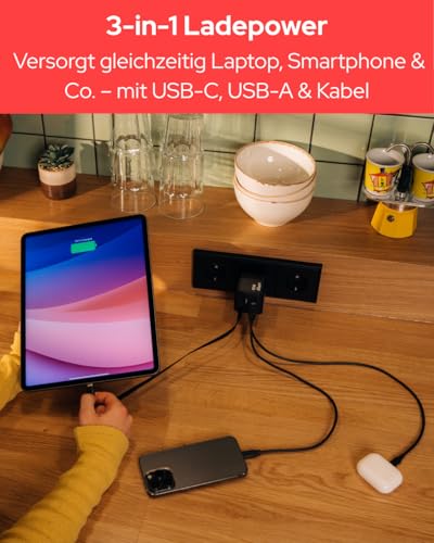 Verbatim GaN Charger 65 W 2-Port USB-C Ladegerät mit ausziehbarem USB-C Kabel, USB-C und USB-A Power Adapter, Schnellladegerät für Apple iPad, iPhone, Samsung & Co, Travel Adapter für EU, UK, USA