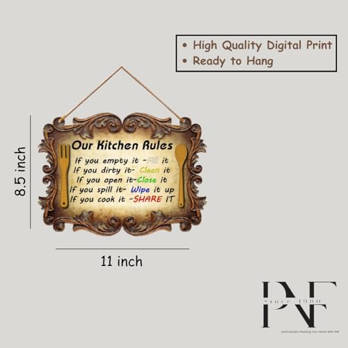 Image of PNF Poster And Frames OUR KITCHEN RULES Quote Wall art & Door Hanging Frame For Kitchen, Dining, restaurants Decor | Walland home Decor for Living Room | Room Decor Wall Decor Items For Bedroom | (Wooden, 11x9 Inch,brown)1-1