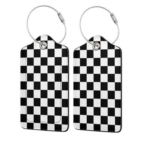 2P Black White Plaid Lines Race Grid Checkered Flag Luggage Tags Privacy Cover ID Label with Stainless Steel Loop and Address Card for Travel Bag Suitcase Funny Cute Man Women Kids