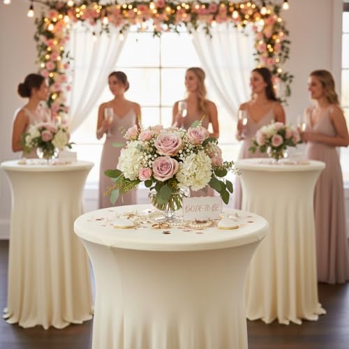 iEventStar 2 Pieces 32" Highboy Cocktail Round Stretch Spandex Table Cover Table Skirt High Top Tablecloth (30"-32" Dia x 43", Ivory) by iEventStar - Image 2