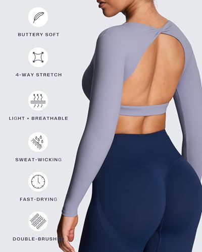Image of Aoxjox Women's Define Sculpt Long Sleeve Crop Tops | buttery soft fabric,curved hem,hollow back, low support, removable pads, workouts,yoga,gym, daily wear