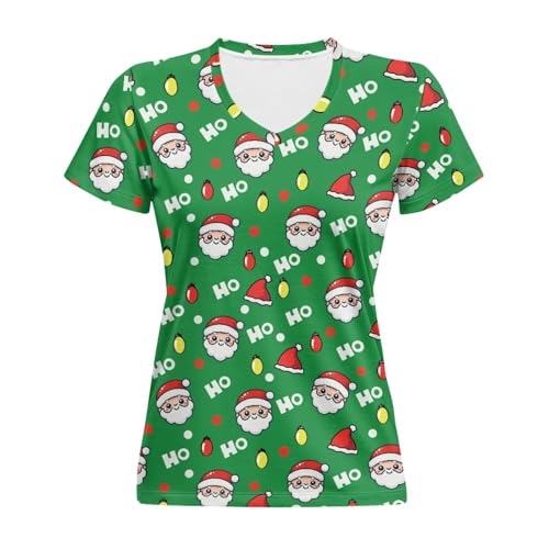 Image of Psaytomey Women's Short Sleeve V-Neck T-Shirt Casual Summer Athletic Top T Shirts for Women Oversized Lightweight Tee XS-5XL, Santa Claus Hoho Green, XL