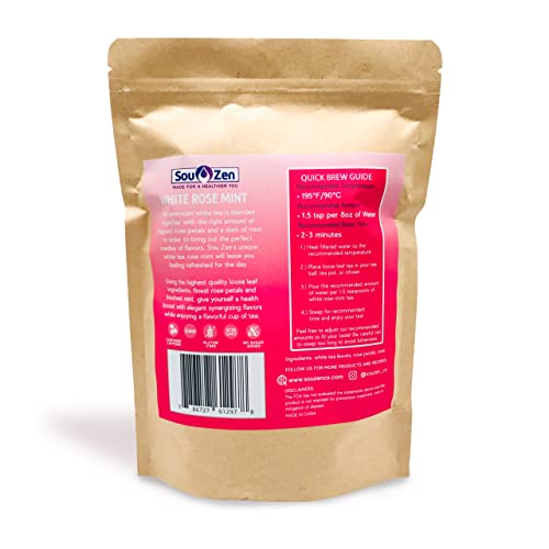 Sou Zen White Tea Rose Mint 4Oz (113G) Loose Leaf Tea | Premium Quality Whole White Tea With Herbal Rose Petal Flowers And Mint Leaves With No Preservatives | Raw And Naturally Organic | Naturally Smooth And Floral Minty Tast #TOP1