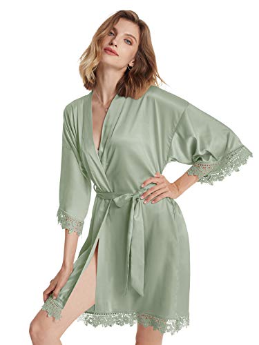 AW BRIDAL Women's Silk Robe Satin Robe with Lace Trim, Bridal Party Robe Bridesmaid Robes Bride Robe for Wedding Day, S-XL - Main Image