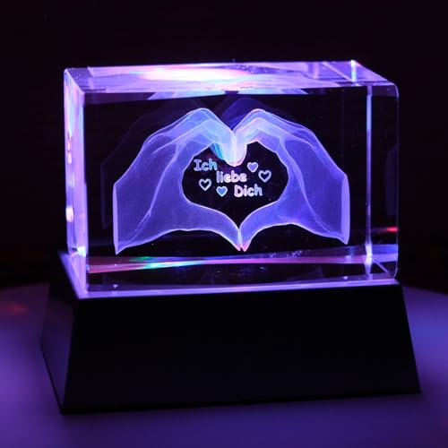Sfeerlicht - Het perfecte cadeau: kristalglazen blok met 3D-gravure/Ich liebe dich cadeaus voor vrouwen, mannen/jubileumcadeau voor haar, hem/gravure hart/nachtlampje - Afbeelding 4