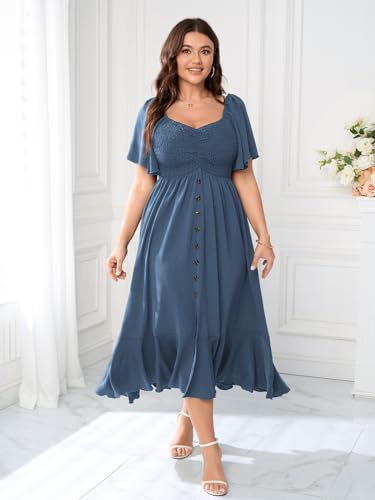 Plus Size Maxi Casual Boho Dress Short Sleeve Smocked Semi Formal Wedding Guest Dresses for Curvy Women Button Down2