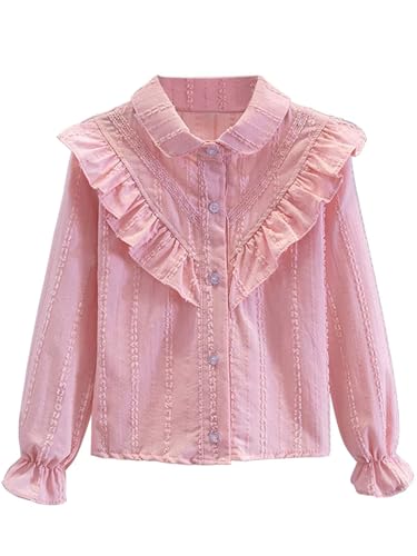 Girls Peter Pan Collar Button Down Shirts Long Sleeve Ruffle Blouse Size 3-14 Years
