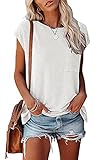 MEROKEETY Women's Casual Cap Sleeve T Shirts Basic Summer Tops Loose Solid Color Blouse White
