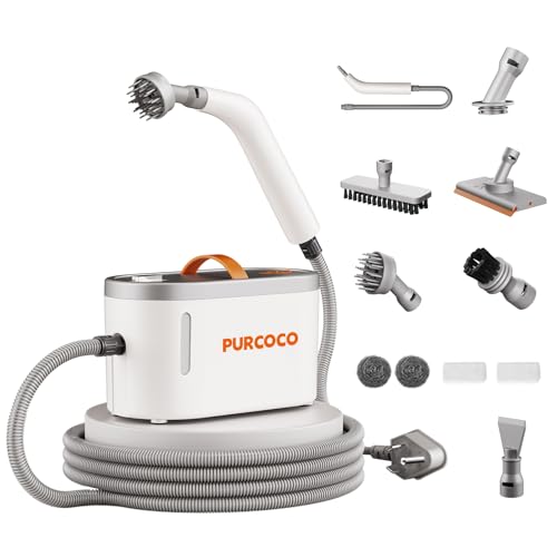 Purcoco Pressurized Steam Cleaner Handheld 6 Multi-Surface Attachments Small Mini Steam Cleaner for Car Grout Kitchen 20s Fast Heating Deep Cleaner for Tile Upholstery Pet Hair