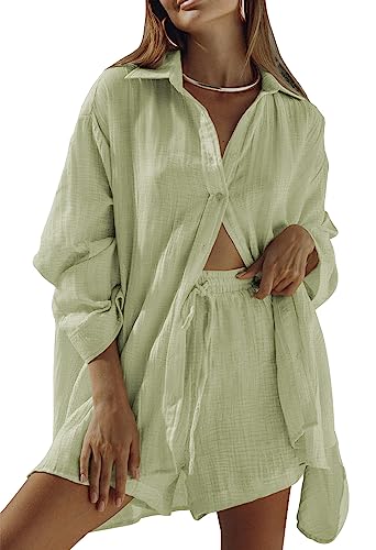 Image of Fixmatti Women 2 Piece Outfits Long Sleeve Button Down Blouse and Shorts Sweatsuit Sets