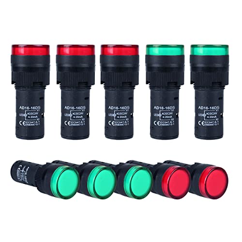 DMWD 10Pcs 16mm 24 Volt 20mA Energy Saving LED Pilot Indicator Light, 5/8 Inch Panel Mount for Industrial Control Panel 5Pcs Green & 5Pcs Red