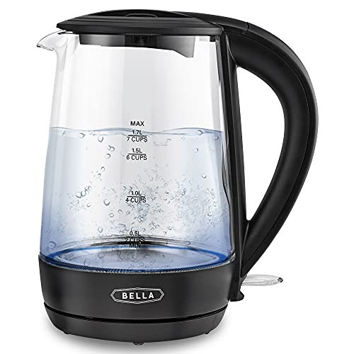 bella 1.7 Liter Glass Electric Kettle, Quickly Boil 7 Cups of Water in 6-7 Minutes, Soft Blue LED Lights Illuminate While Boiling, Cordless Portable Water Heater, Carefree Auto Shut-Off, Black by BELLA - Used condition - US$19.21