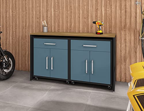 Image of Manhattan Comfort Eiffel Garage Work Station Cabinet Organizers and Storage, Set of 3, Matte Black and Aqua Blue