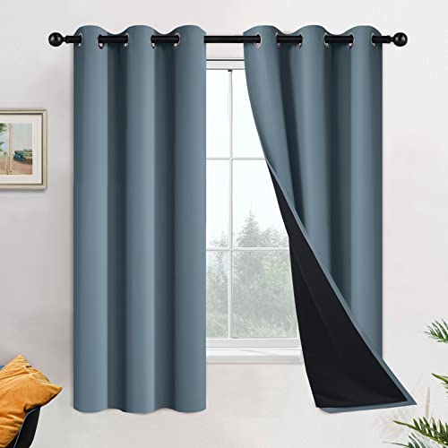 Image of Yakamok 100% Blackout Lined Panels, Thermal Insulated Blackout Curtains for Bedroom, Heat Blocking Drapes for Living Room(42Wx63L, Stone Blue, 2 Panels)