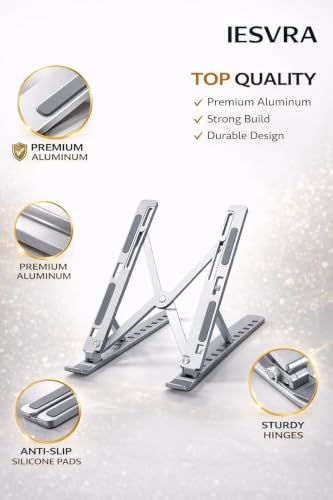 Image of Adjustable Aluminum Laptop Stand Foldable Portable | Ergonomic Laptop Riser with Anti-Slip Pads | Heavy Duty Cooling Stand for Desk, MacBook, Notebook (Silver)