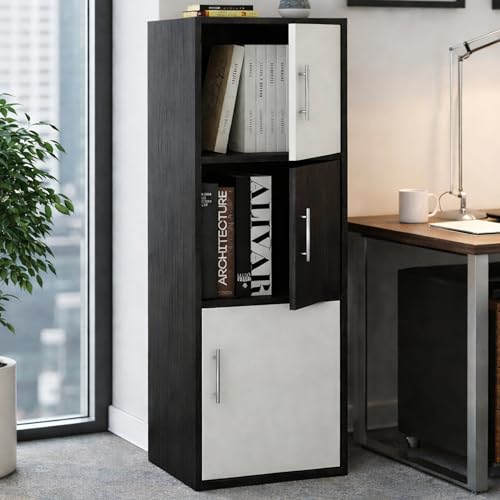 Image of Callas Wooden Book Rack | Multi-Compartment Storage Cabinet | Space-Saving Vertical Bookshelf with Doors | Durable & Sturdy Organizer for Home & Office (Black, 3 Tier)