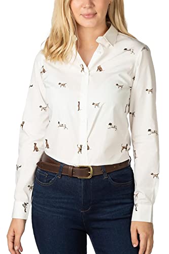 Rydale Ladies Printed Shirt Women’s Button Down Shirts 100% Cotton Animal Print Blouse 5 Colours (Country Dog White, 14)