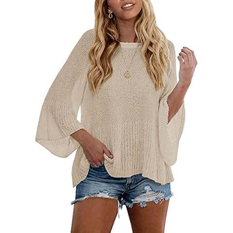 Tutorutor Women's Bell Sleeve Ruffle Pullover Sweater Tops Lightweight Loose Fit Knitted Fall Flowy Blouse Shirts, Apricot, Large Cover