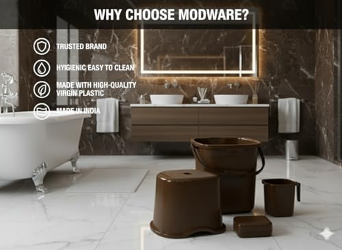Image of MODWARE Bathroom Set, Pack of 4, Bucket, Mug, Soap Case, Stool, 20L, Polypropylene (Brown)