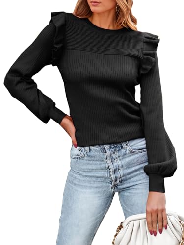 PRETTYGARDEN Women's Ruffle Long Sleeve Sweaters Crew Neck Lightweight Sweater 2025 Fall Trendy Ribbed Knit Pullover Tops
