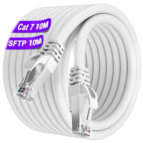 Soibke Ethernet Cable 10m, Cat 7 White Internet Cable High Speed Network Cable 600MHz 10Gbps Wifi Cable S/FTP Shielded Patch Cables 24AWG RJ45 LAN Cables Outdoor Wlan Cables for PS5/4 Router Modem