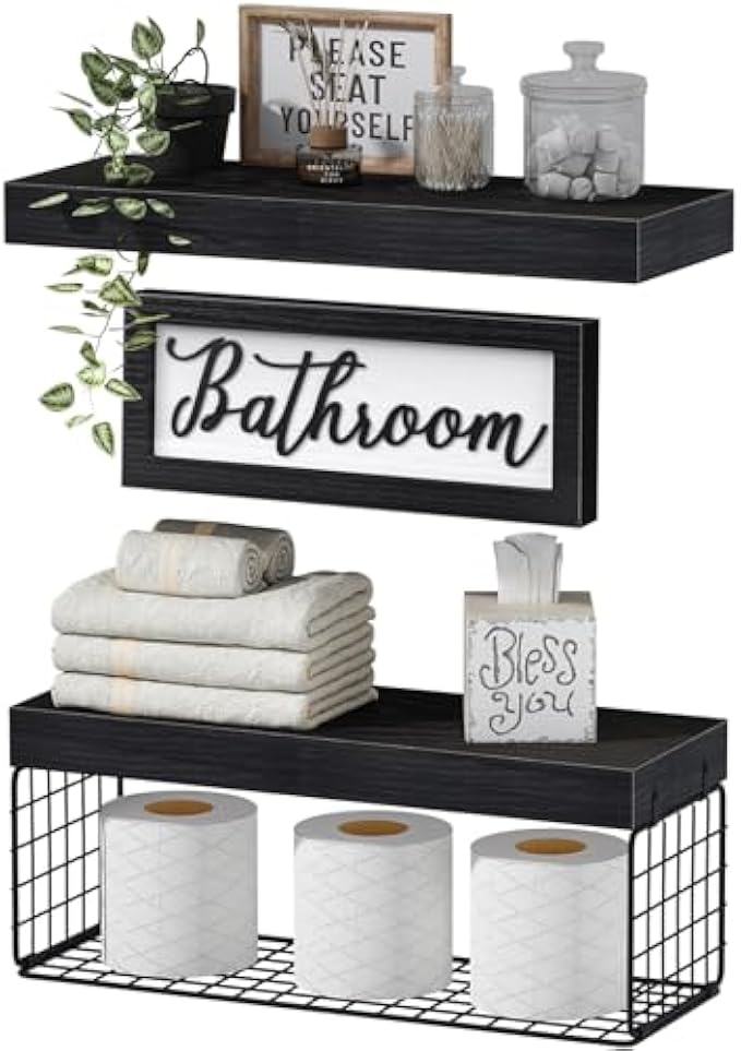 QEEIG Bathroom Decor Shelves Over Toilet - Farmhouse Decorations Aesthetic Décor Sign Small Floating Wall Shelf Paper Storage 2+1 Set 16 inch, Black (020B)