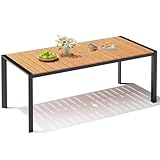 Crestlive Products Outdoor Dining Table for 6, 71in Rectangle Patio Dining Table with Umbrella Hole Weather-Resistant Aluminum Outside Table with Wood-Like Tabletop for Garden Backyard Indoor, Brown