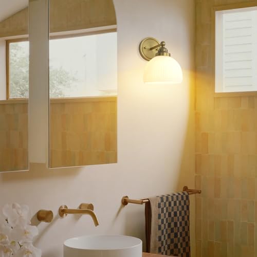 Image of Vintage Wall Sconce 1-Light with White Striped Glass Globe Shade, Indoor Wall Mounted Lamp Fixture for Living Room Bedroom Kitchen Hallway