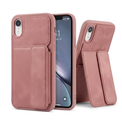 Image of amazon basics Luxury Vegan Leather Back Cover for iPhone XR | Built-in Card Holder Slot | Integrated Mobile Stand | Slim Shockproof Protective Case with Stitched Finish - Pink