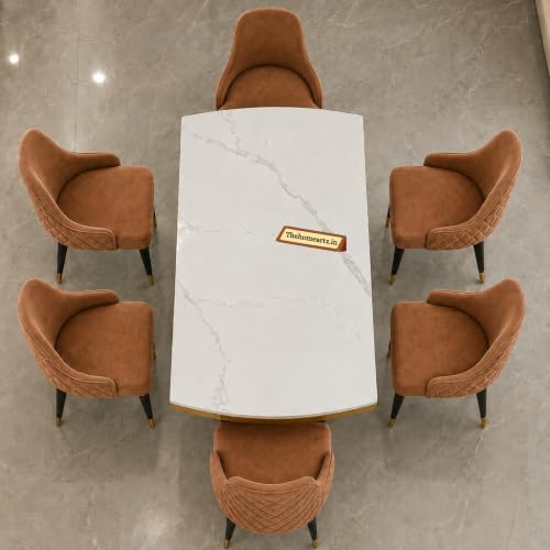 Image of 6-Seater Modern Elite Opal Storage Wooden Dining Table Set | 2 Year Warranty | Created Italian Statuario Marble Top | Elegant Composite Marble Table with 6 Chairs (Brown)