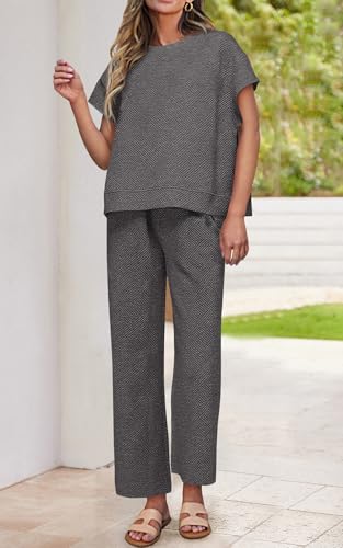 Image of PRETTYGARDEN 2 Piece Outfits For Women Casual Tracksuit Short Sleeve Tops And Wide Leg Long Pants Matching Lounge Sets